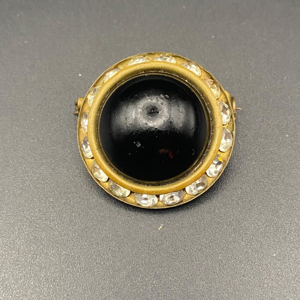 Vintage Gold-Tone Brooch Domed Black Glass Cabochon Rhinestones Brass MCM